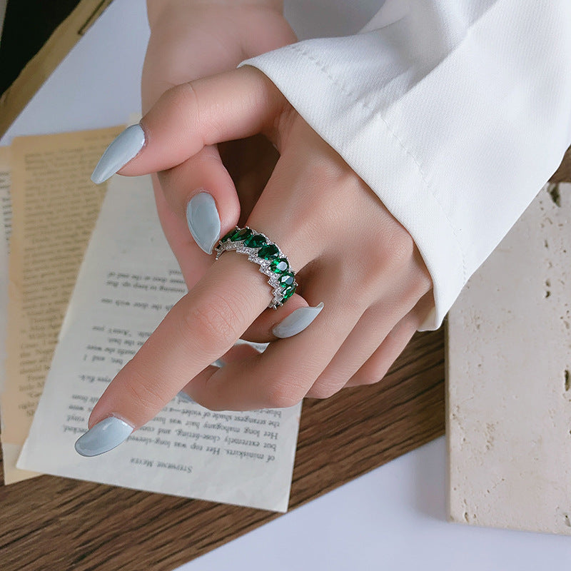 S925 Sterling Silver Green Dropstone Hollow Adjustable Ring