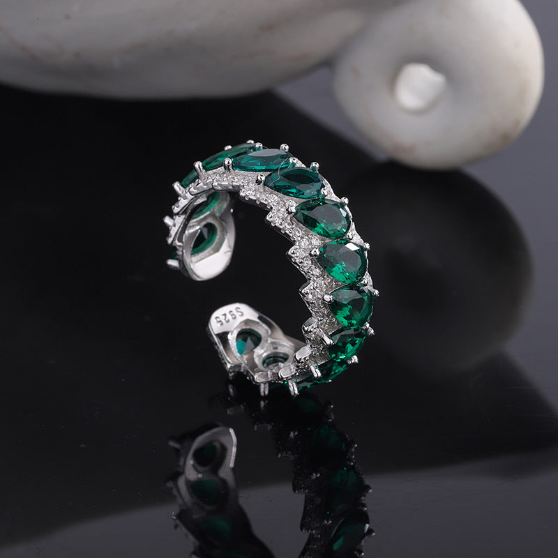 S925 Sterling Silver Green Dropstone Hollow Adjustable Ring
